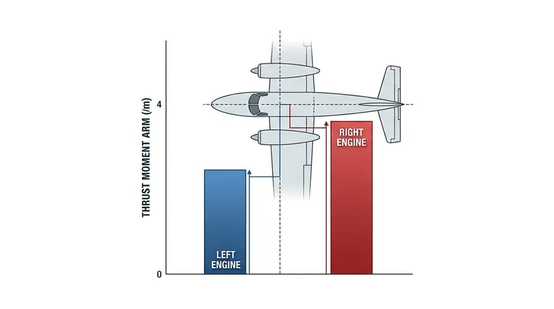 The right engine's outboard thrust center gives it a much longer moment arm, creating severe leverage against the fuselage.