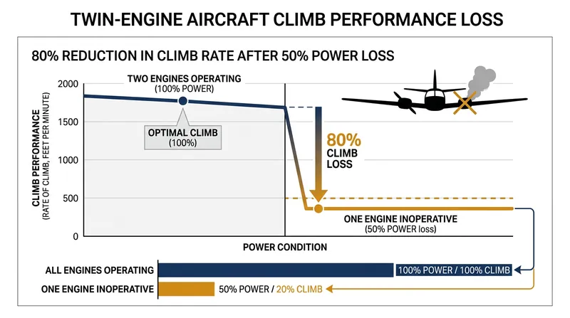 Losing one engine halves the available power but destroys roughly 80 percent of the aircraft's climb performance.