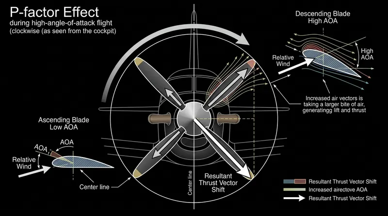 P-factor shifts the center of thrust to the descending blade on the right side of the propeller hub.