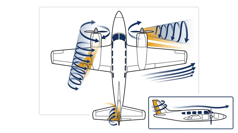 Spiraling slipstream from the left engine helps counteract yaw, but slipstream from the right engine spirals away from the tail.
