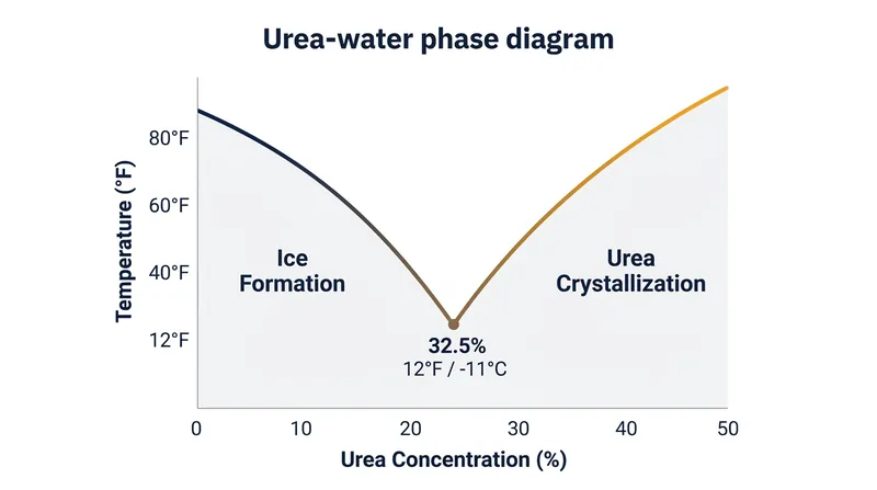 The eutectic point occurs at exactly 32.5 percent urea, yielding the lowest possible freezing temperature.
