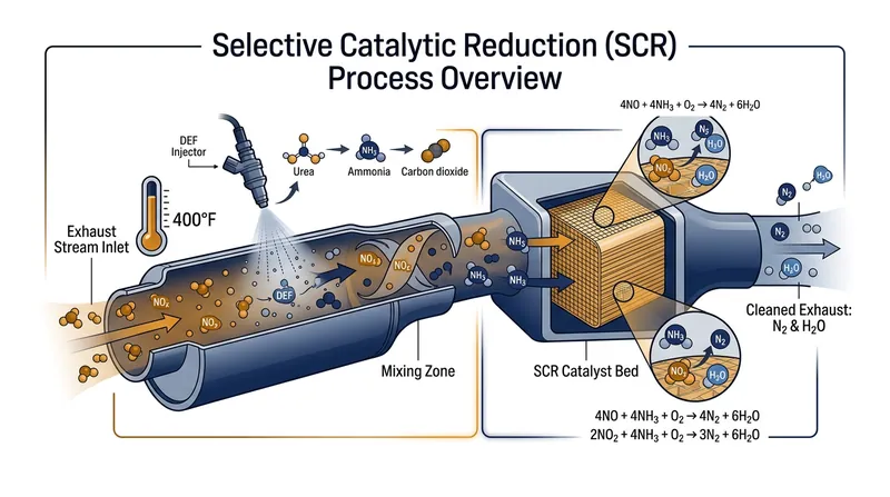 Inside the SCR system, heat decomposes the urea into ammonia, which then neutralizes harmful nitrogen oxides.