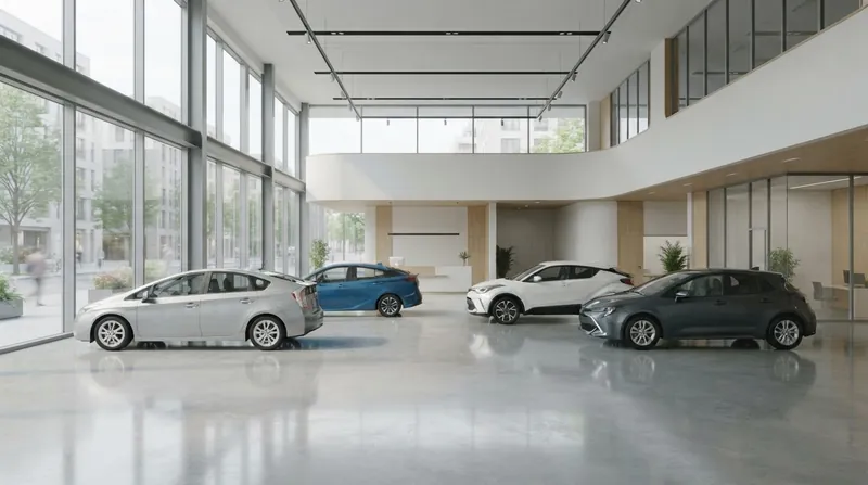 A row of new hybrid vehicles parked outside a European car dealership on a sunny day.