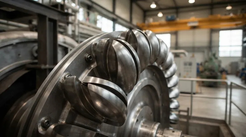 A massive steel Pelton turbine wheel with double-cupped buckets and sharp central splitters in a hydroelectric plant.