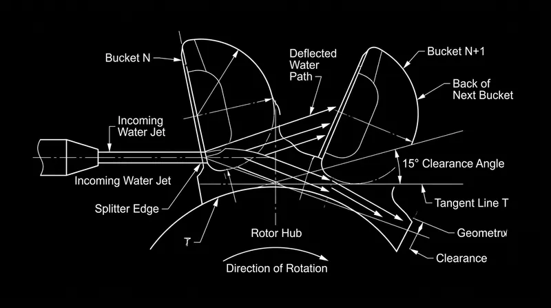 The 165-degree deflection angle creates a 15-degree clearance path, preventing the discharged water from braking the subsequent bucket.