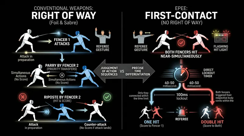 Right of way requires a fencer to defend against an attack before scoring, while épée relies strictly on timing.