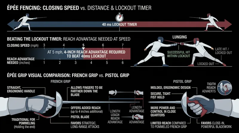 A French grip held at the pommel provides exactly the 4-inch extension needed to break the double-touch window at standard speeds.