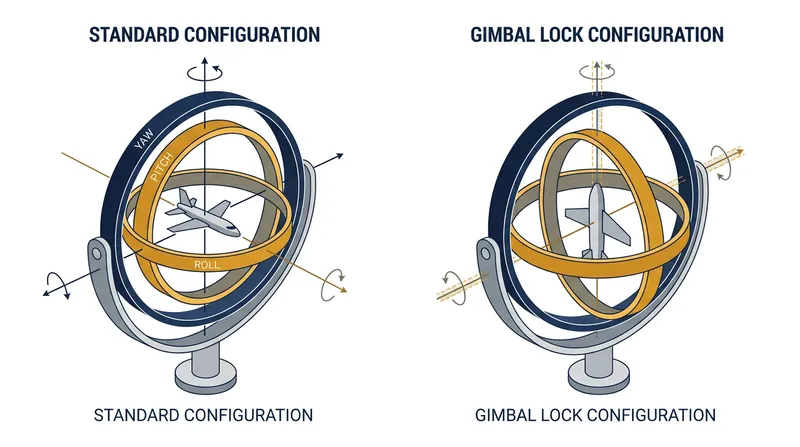 When the middle axis rotates 90 degrees, the outer and inner axes align, collapsing two degrees of freedom into one.
