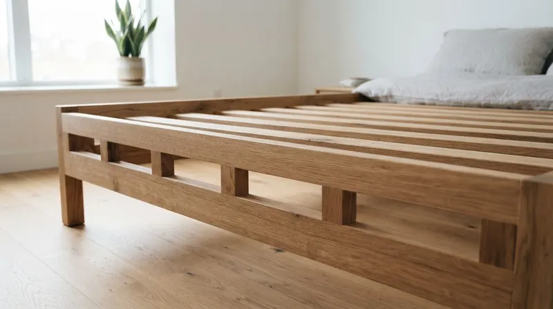 A wooden bed frame with wide gaps between the horizontal support slats, shown without a mattress.