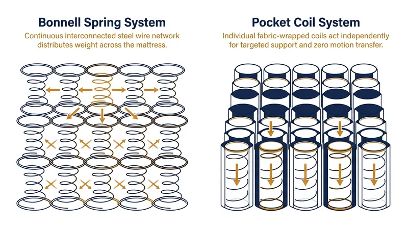 Unlike continuous wire springs, independent pocket coils must bear weight entirely on their own vertical axis.