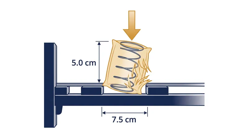 When a 5.0 cm coil aligns over a 7.5 cm gap, downward pressure forces the spring to tilt laterally, tearing its fabric pocket.