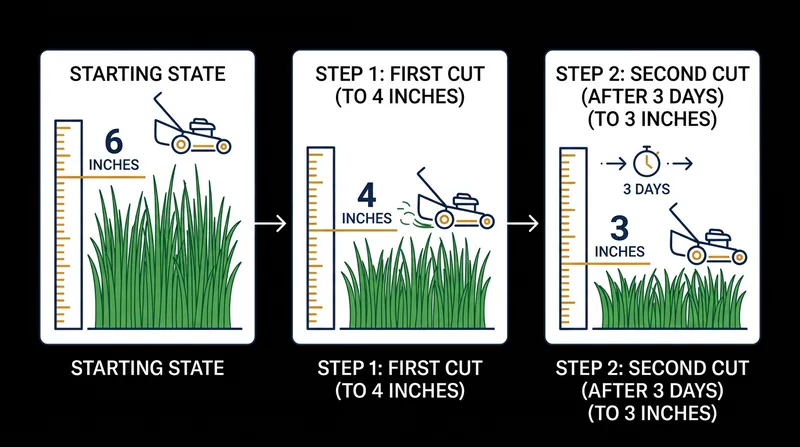 Overgrown lawns must be stepped down gradually to protect the plant's carbohydrate reserves.
