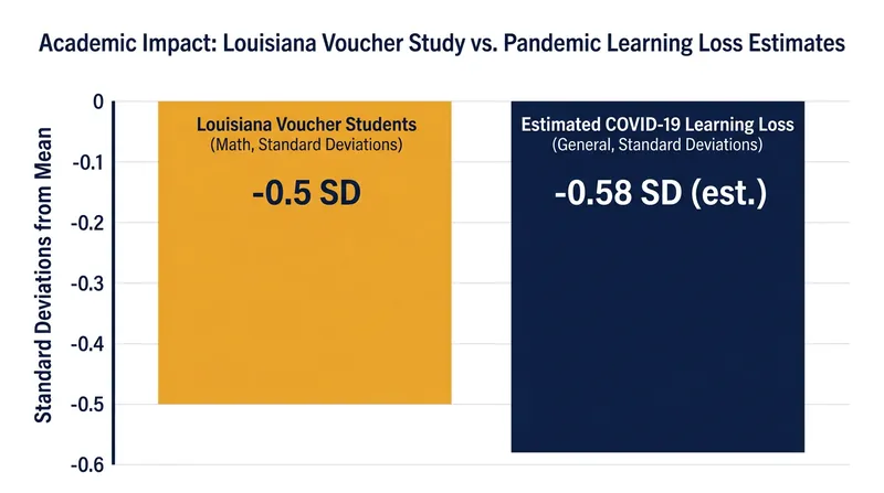 Large-scale voucher expansions have triggered severe academic declines, with math score drops approaching twice the magnitude of pandemic-era learning loss.