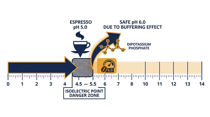 Dipotassium phosphate intercepts the acid load of the espresso, keeping the mixture's pH above the proteins' isoelectric point.