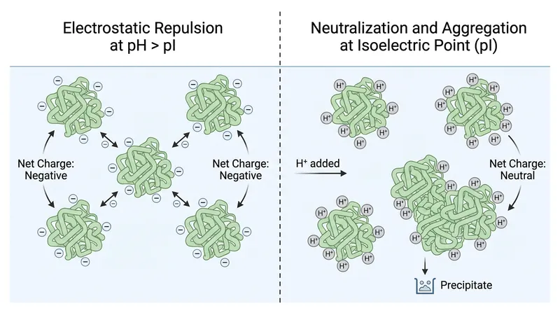 Proteins naturally repel each other until hydrogen ions from the espresso neutralize their negative charge.