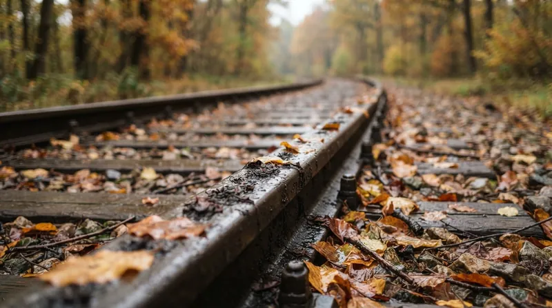 Close-up of fallen autumn leaves resting on a steel railway track.