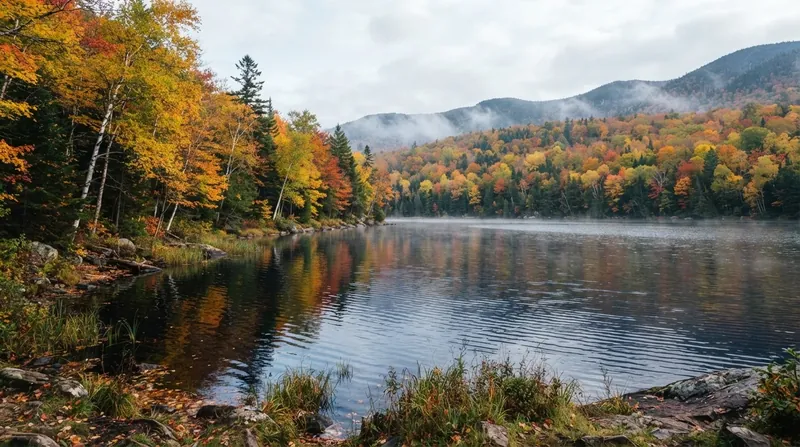 A calm temperate lake surrounded by autumn trees, reflecting the sky before seasonal ice formation.