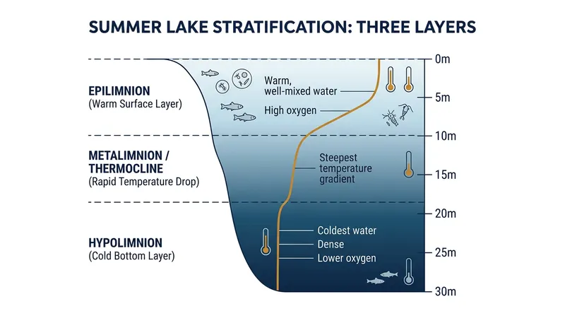 During summer, the thermocline acts as an impenetrable barrier, cutting off the deep hypolimnion from atmospheric oxygen.