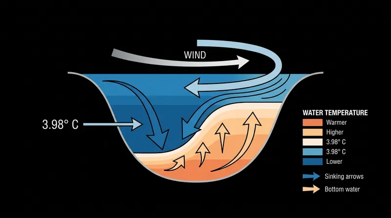 When the surface cools to 3.98°C, it becomes heavier than the water below, triggering a convective loop that collapses the thermal barrier.