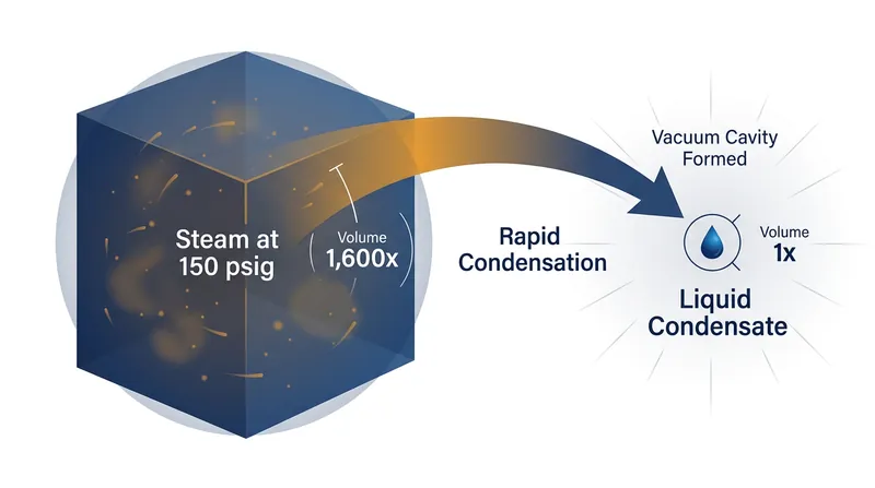 When steam touches subcooled water, it condenses instantly, shrinking its volume by a factor of 1,600 and creating a localized vacuum.