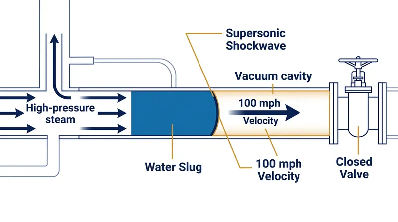 The vacuum cavity pulls the water slug forward while high-pressure steam pushes from behind, accelerating the liquid to over 100 mph.