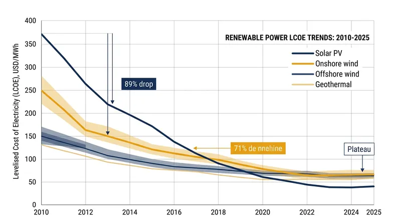 The levelised cost of solar and wind power flattened in 2025 after a decade of steep declines.