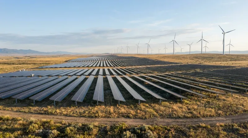 Rows of utility-scale solar panels and wind turbines stretching across a flat landscape at dawn.