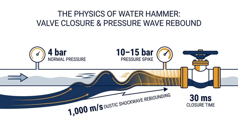 How fluid momentum converts into an acoustic shockwave when a valve closes abruptly.
