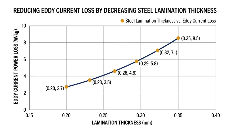 Reducing sheet thickness from 0.35 mm to 0.23 mm cuts eddy current waste heat by more than half.