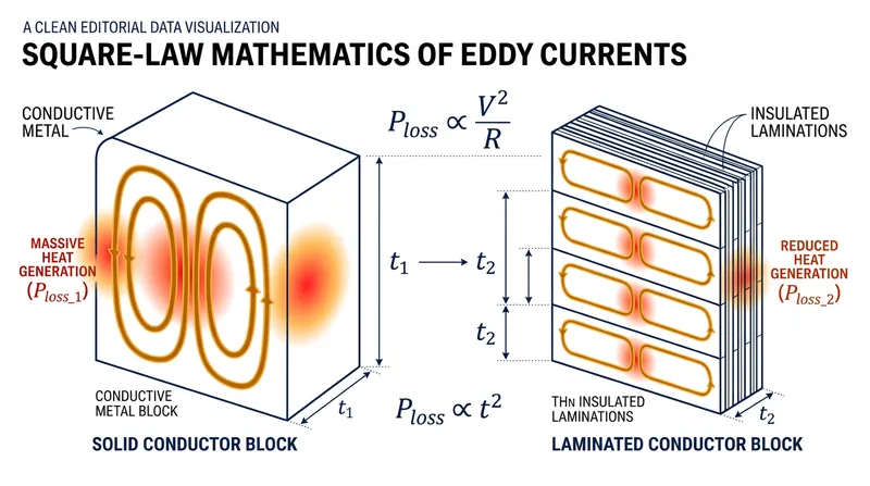 Slicing a conductive core into insulated sheets exponentially reduces the loop area available for induced voltages.