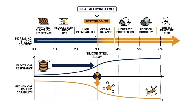 Alloying iron with 3 percent silicon increases electrical resistance, but higher concentrations cause the steel to shatter during rolling.