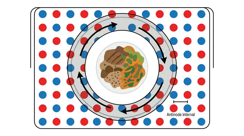 As the turntable rotates, it sweeps every sector of the meal through the fixed 6.1-centimeter antinodes, averaging out the thermal delivery.