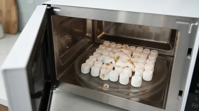 Illustration: Removing the turntable reveals the invisible grid: marshmallows sitting in the antinodes melt instantly, while those in the nodes remain cold.