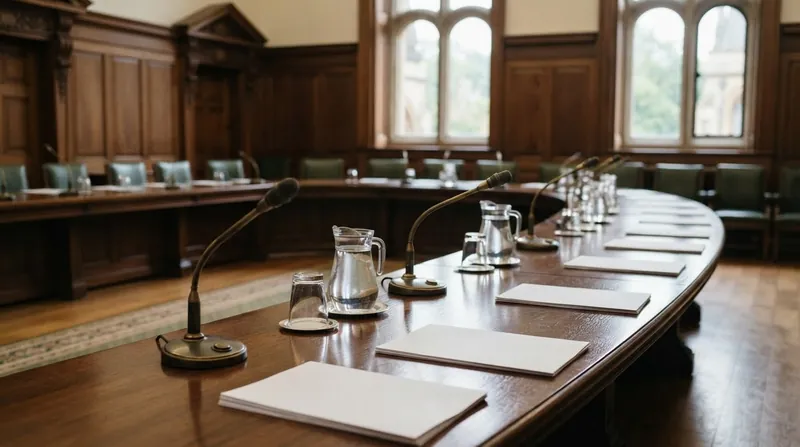 A formal UK Parliament committee room with wooden desks, green leather chairs, and microphones set up for a hearing.