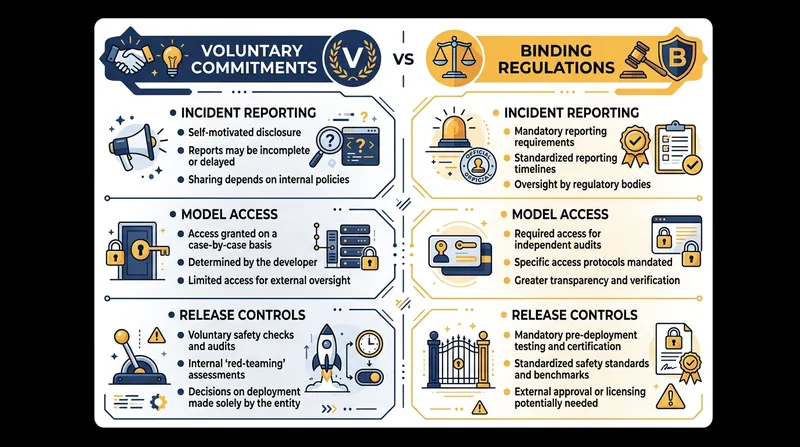 The shift from voluntary agreements to binding law would fundamentally alter how AI developers handle internal safety failures.