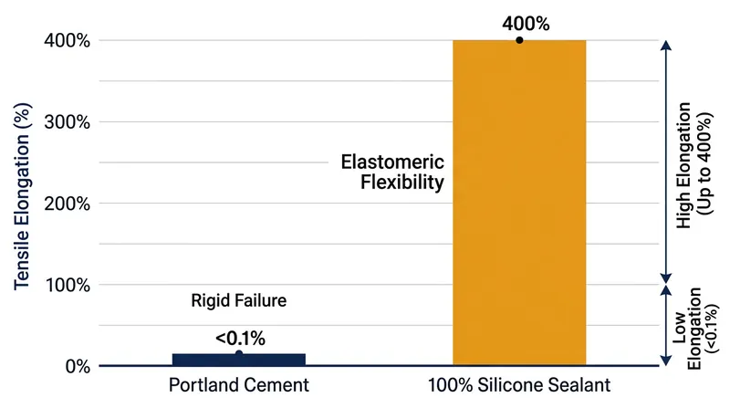 While silicone can stretch up to four times its length, Portland cement fails under minimal tension.