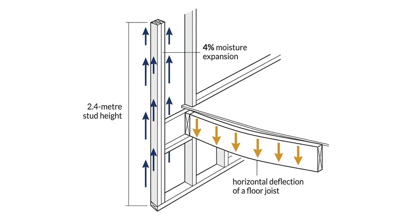 Timber framing expands and deflects at different rates, creating tension at intersecting planes.