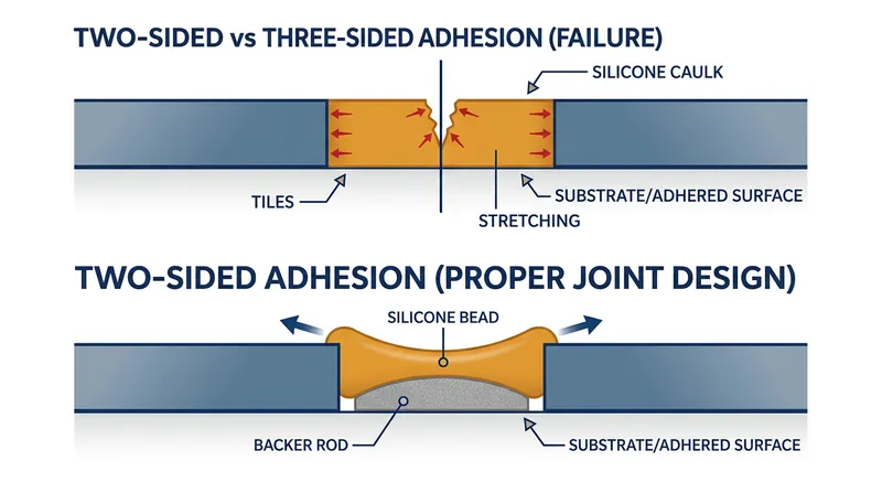 A backer rod prevents three-sided adhesion, allowing the silicone to stretch freely between the tiles.