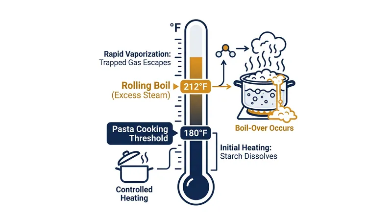 Pasta cooks perfectly at 180°F; the excess heat of a 212°F rolling boil exclusively generates the steam that drives the foam cascade.