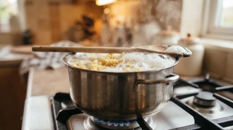 Illustration: The dry, relatively cool surface of a wooden spoon physically breaks the surface tension of the starch-coated bubbles.