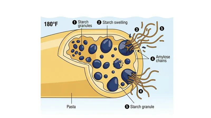 Gelatinization occurs when hot water penetrates the gluten matrix, causing starch granules to swell and burst.