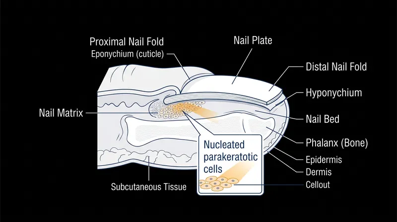 Trauma to the hidden nail matrix disrupts keratinization, leaving nucleated cells that scatter light.