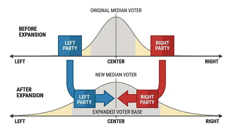 Political parties neutralize potential leftward shifts by moving their platforms toward the center.