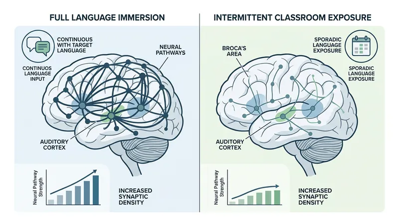 Classroom exposure relies on explicit memory, capping grammatical fluency regardless of the learner's age.