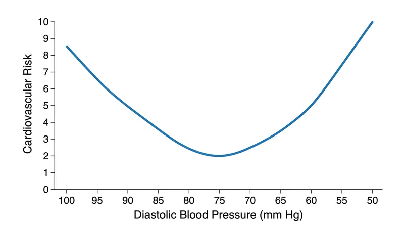 Cardiovascular risk follows a J-curve, rising sharply when diastolic blood pressure falls below the 60 mm Hg threshold.