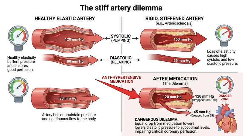 In older adults with stiff arteries, aggressively lowering systolic pressure inadvertently drives diastolic pressure to dangerously low levels.