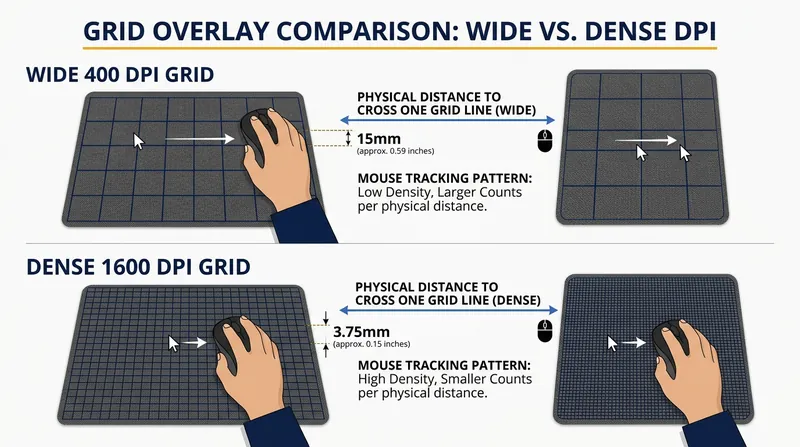 A 1600 DPI setting requires four times less physical movement to trigger a sensor count than a 400 DPI setting.