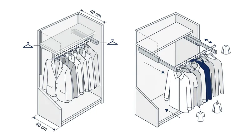 Front-facing rails solve the depth problem by displaying clothes outward, requiring only the 45-centimetre width of the hanger.
