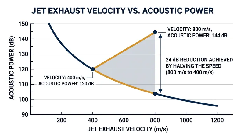 Because the relationship is exponential, even a modest reduction in exhaust velocity produces a massive drop in radiated acoustic power.