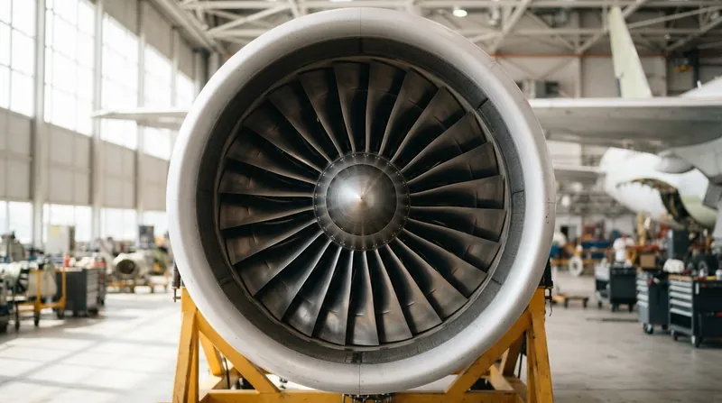 A massive modern high-bypass turbofan engine mounted on the wing of a commercial airliner against a blue sky.
